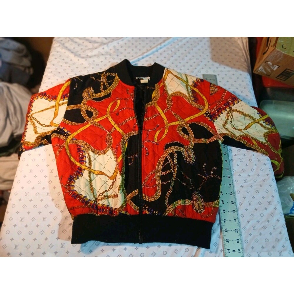 VTG First Option MADE IN USA Black Red Gold Chain Full-Zip Jacket Men's S Small